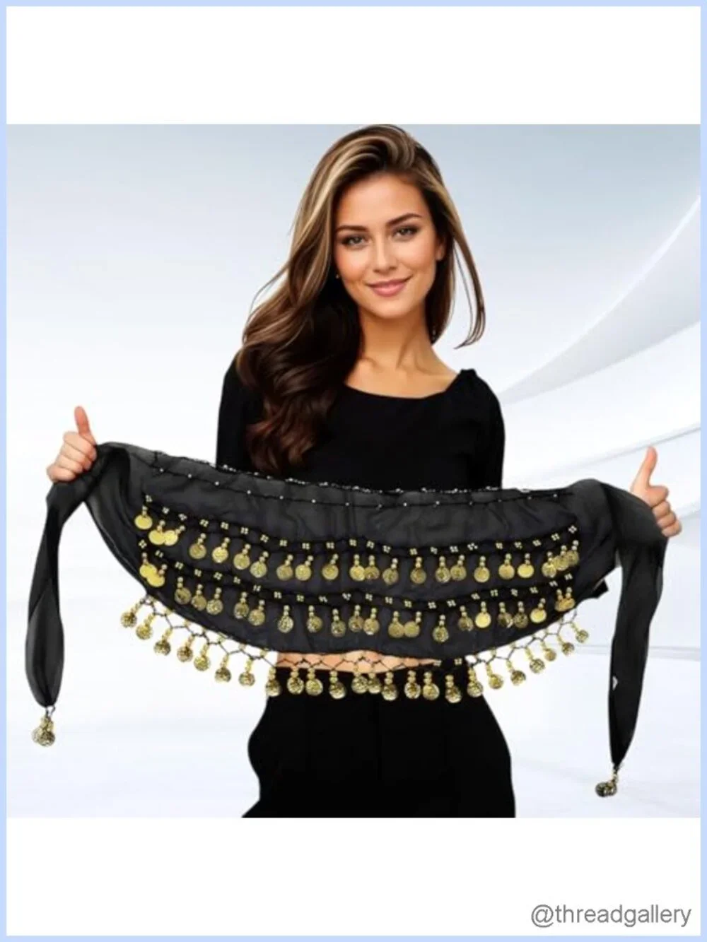 Set of 2 Belly Dance Hip Scarves with Sequin Coins, Lightweight Chiffon,